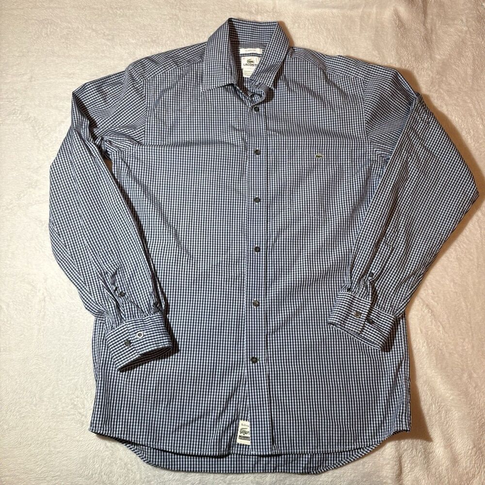 Lacoste Authentic Navy Micro Gingham Long Sleeve Button Down Shirt Mens 40